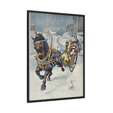 A fine horse wearing a gold and blue harness is pulling a golden sleigh carrying a woman with a footman behind. Colour halftone after O. Cortazzo