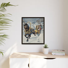 A fine horse wearing a gold and blue harness is pulling a golden sleigh carrying a woman with a footman behind. Colour halftone after O. Cortazzo